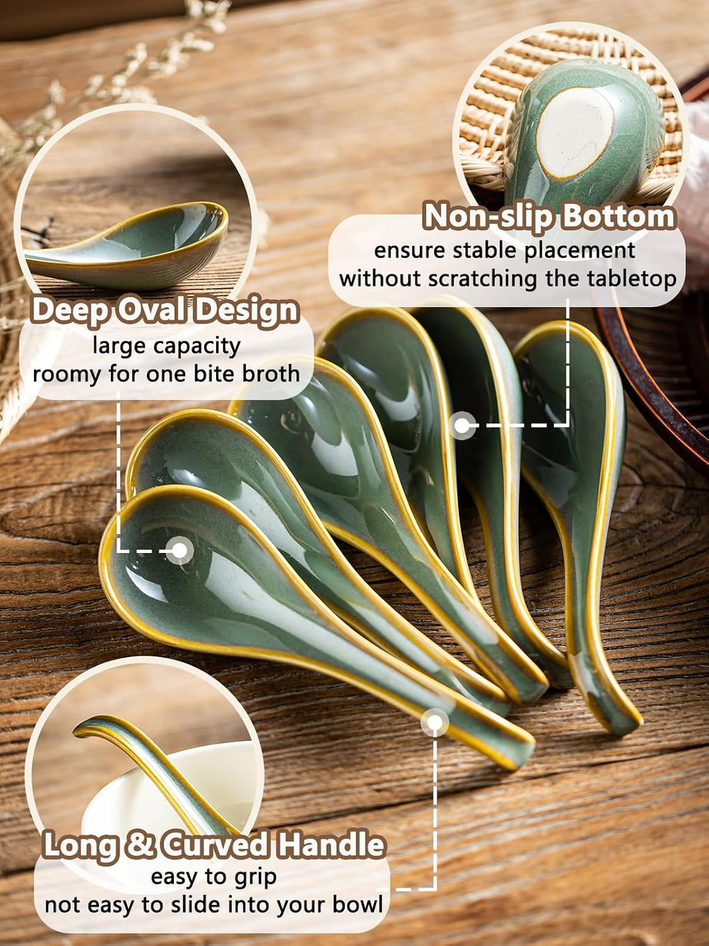 Gomakren Soup Spoons Set of 6  Asian Soup Spoons 6.5 Inch Ramen Spoons  Christmas Ceramic Chinese Spoon Set for Soup  Cereal  Pho  Noodles  Dumpling  Miso  Wonton  Dishwasher Safe  Blue-Green