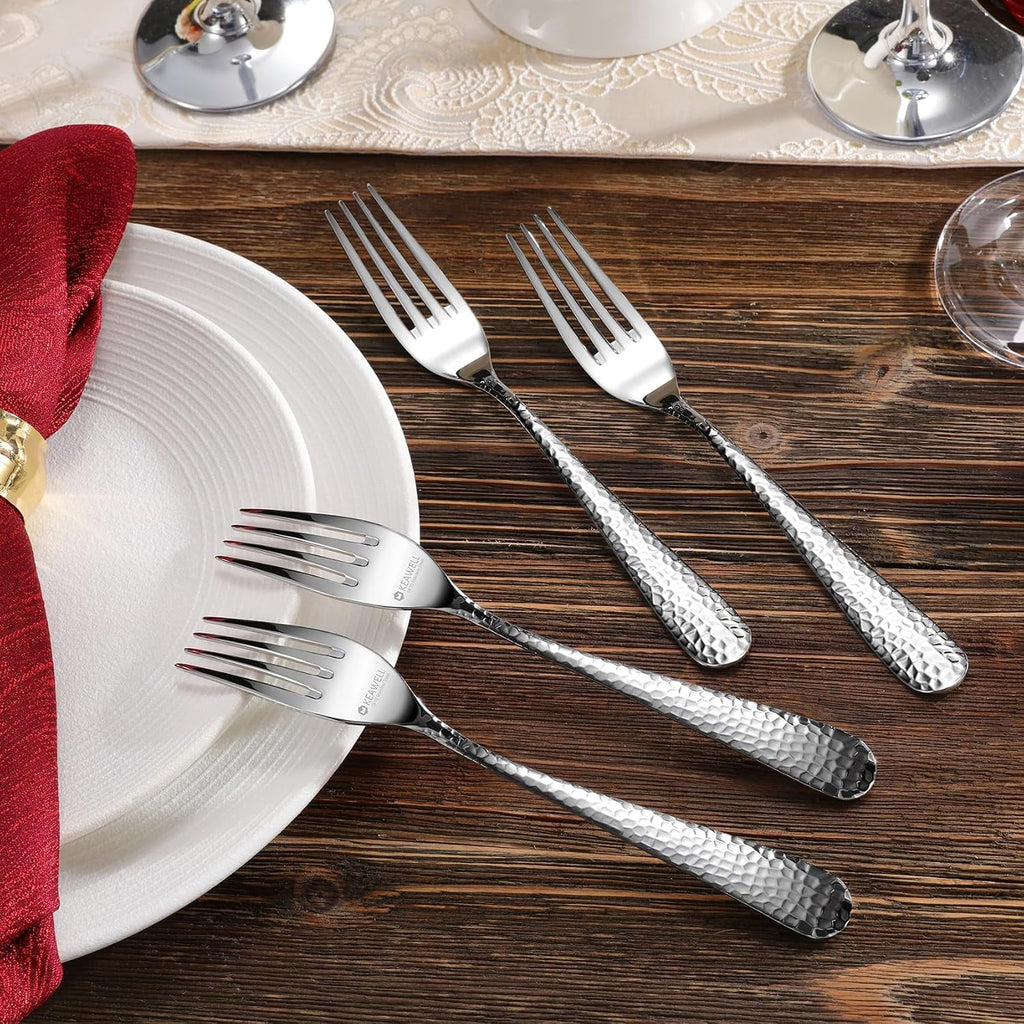 KEAWELL Premium 4-Piece Louise Hammered Fork Set  18/10 Stainless Steel  Fine Fork Set with Round Edge  Brightly-Mirror polished  Dishwasher Safe. (4  8" Dinner Forks)