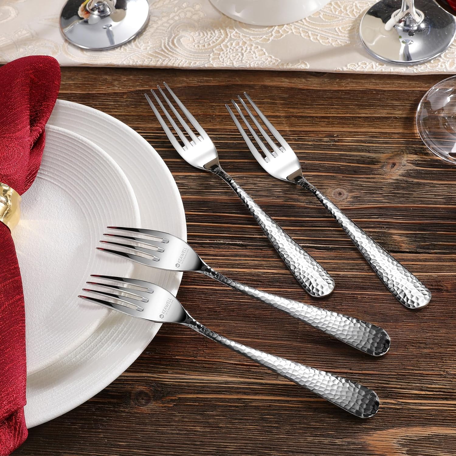 KEAWELL Premium 4-Piece Louise Hammered Fork Set  18/10 Stainless Steel  Fine Fork Set with Round Edge  Brightly-Mirror polished  Dishwasher Safe. (4  8" Dinner Forks)