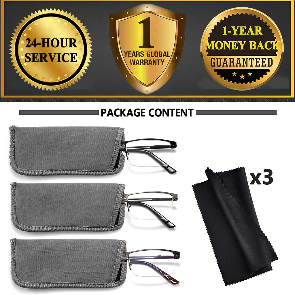 JJWELL 3 Pack Blue Light Reading Glasses for Men  Lightweight Metal Rectangle Semi Rimless Readers for Men  Anti Eyestrain/Computer Glare/UV  Half Frame Spring Hinge Eyeglasses with Pouches