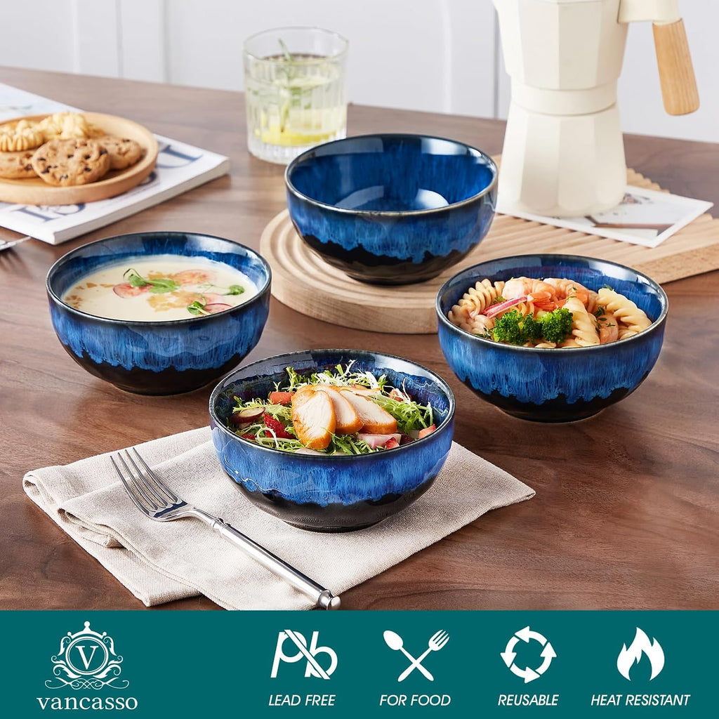 vancasso Starry 24oz Bowls for Soup  Ceramic Soup Bowls Set of 4  Blue Cereal Bowls Set for Kitchen  Salad Bowls Set  Pasta Oatmeal Bowls  Lead-free  Dishwasher & Microwave Oven Safe  Blue