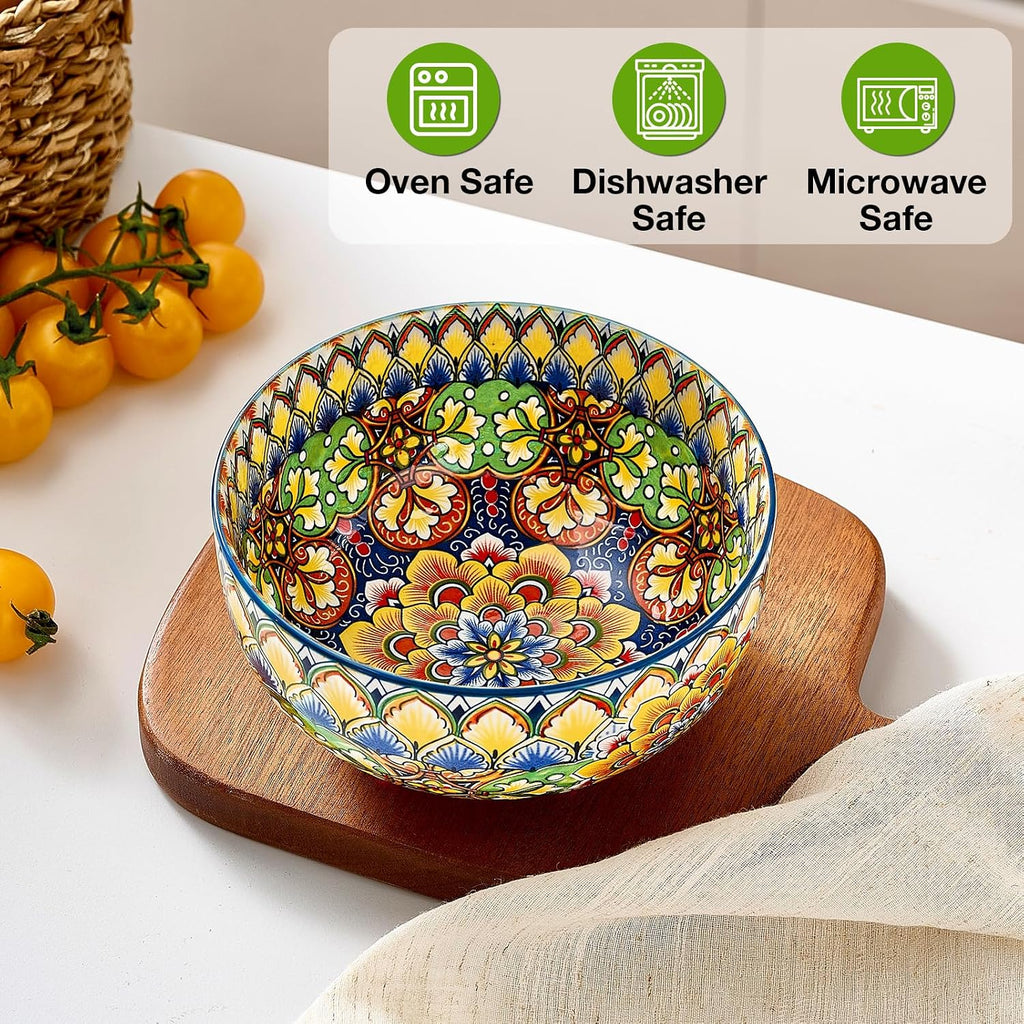 Ceramic Cereal Bowls Set of 6  28 oz Bohemian Soup Bowl  Colorful Bowls Set for Kitchen  Dessert Bowls for Salad  Pasta  Oatmeal  Ramen  Oatmeal  Fruit  Dishwasher & Microwave Safe
