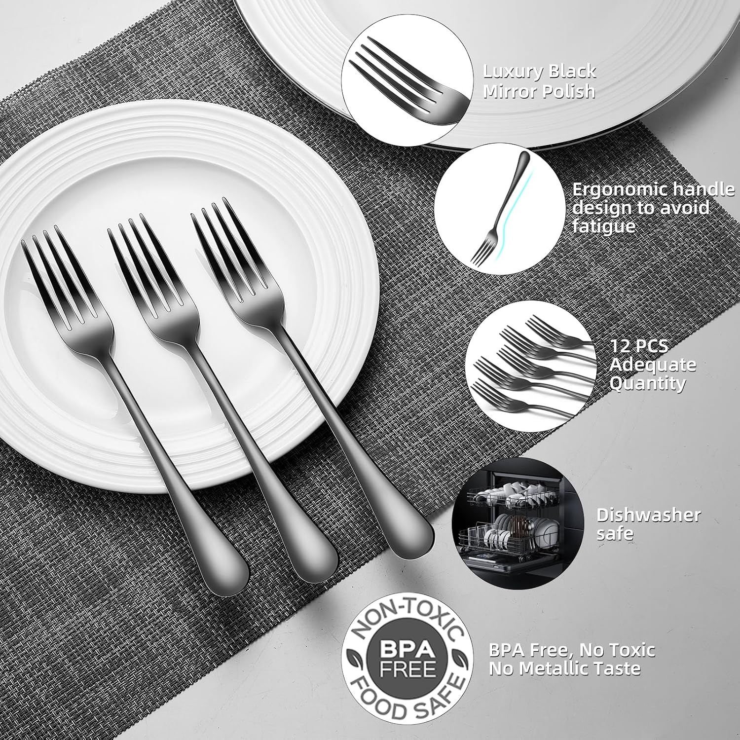 12 Piece Dinner Forks  8 Inch  Top Food Grade Extra-Fine Stainless Steel Silverware Forks，Silverware Set  Dishwasher Safe （Black)