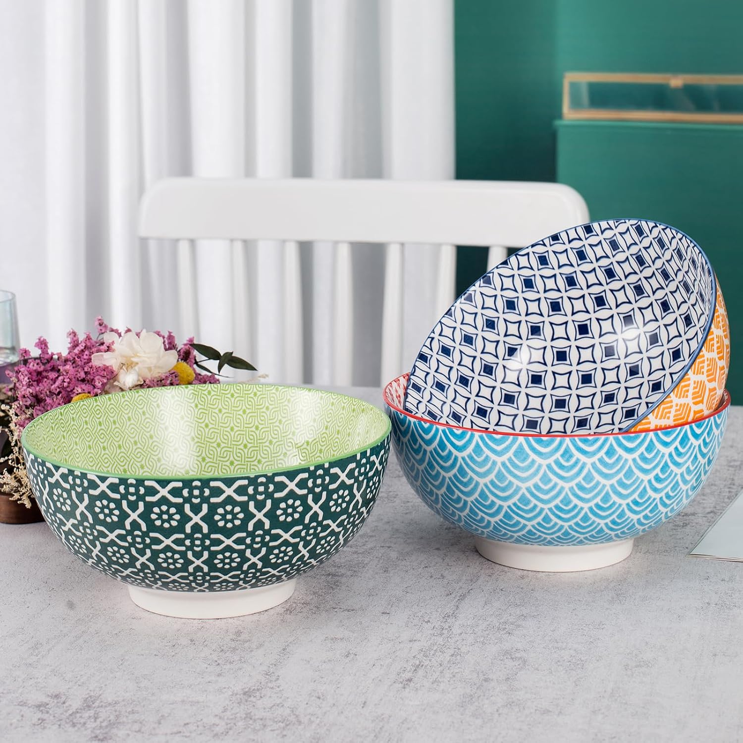 Large Serving Bowls - 60 oz Ceramic Salad Bowl - 8 Inch Serving Bowl Set - Big Soup Bowl For Kitchen - Microwave & Dishwashers Safe - Pho Fruit Pasta Popcorn Bowl - Set of 3