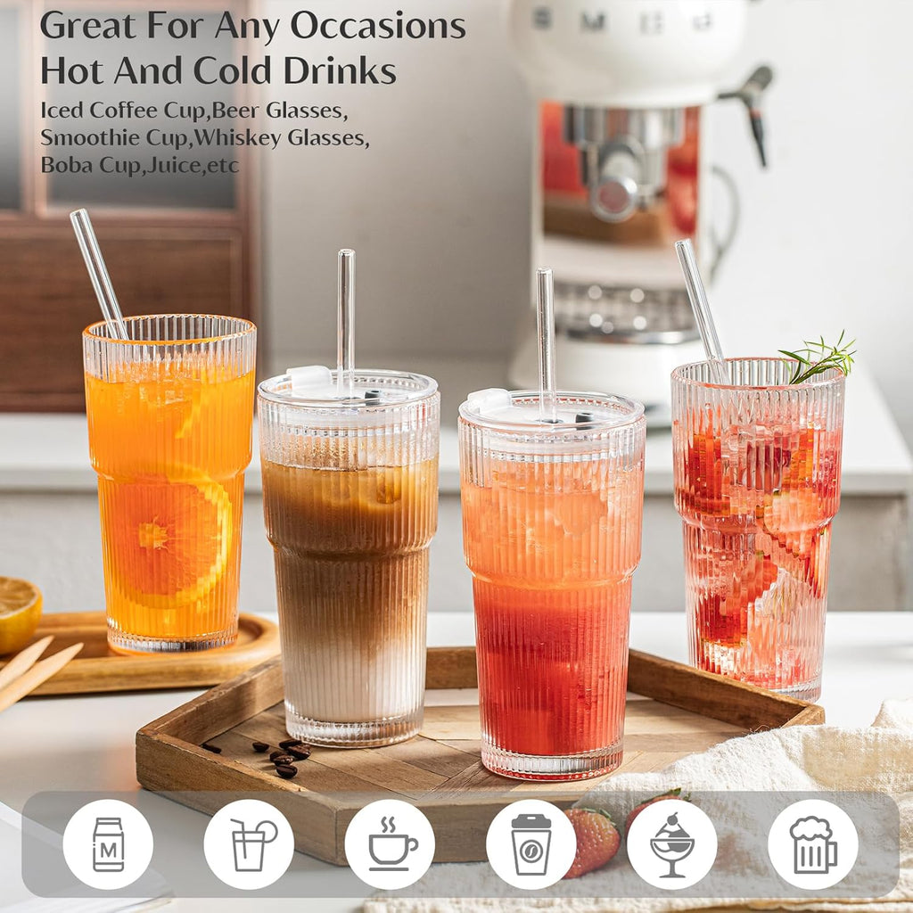 INSETLAN 20 oz Ribbed Glass Tumblers with Lids and Glass Straws – 4-Piece Glassware Set  Thickened Wall  Ideal for Iced Coffee  Smoothies  Cocktails  and Juices – Elegant and Durable Drinkware