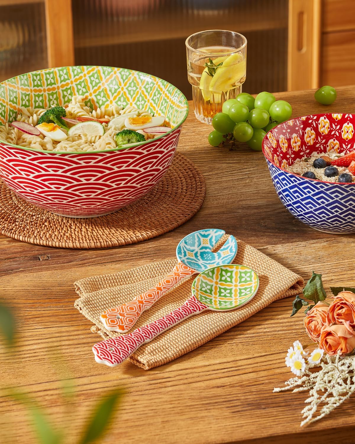 Ceramic Salad Servers  9" Salad Spoon and Fork Set  Salad Tongs for Mixing  Tossing  Cooking and Stirring  Dishwasher & Microwave Safe  Set of 2  Orange & Red