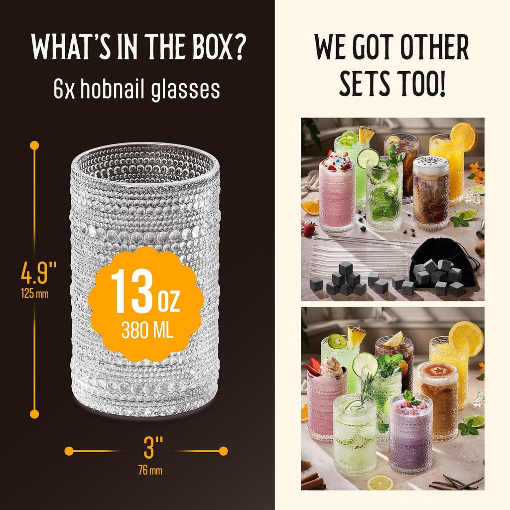 13 Oz Hobnail Drinking Glasses Set of 6 - Clear Multipurpose Glassware Sets  Decorative & Stylish Glasses Drinking Set for Bar  Kitchen  Cocktail Glassware  Garden - Home  Dining  & Kitchen