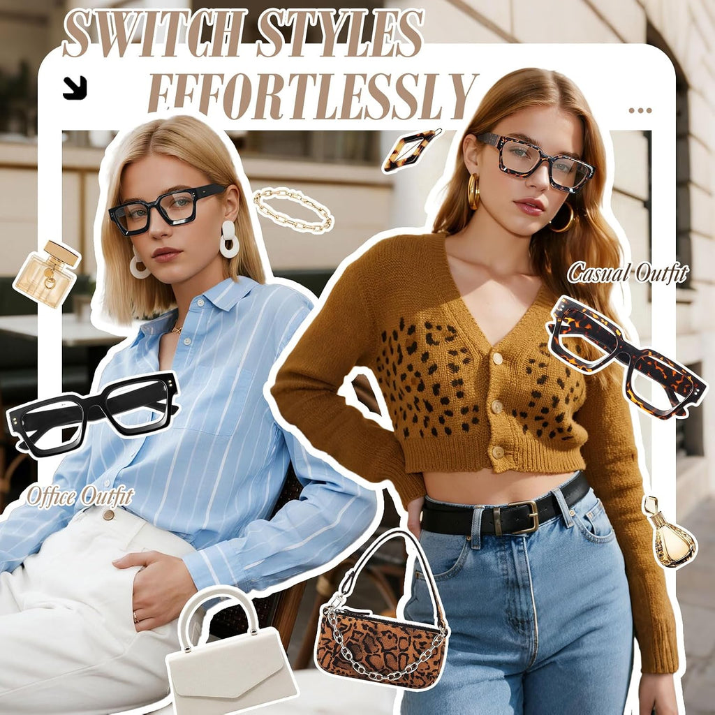 Oversized Thick Square Fake Glasses for Women Men Fashion Preppy Clear Lens Eyeglasses with 100% UV400 Protection