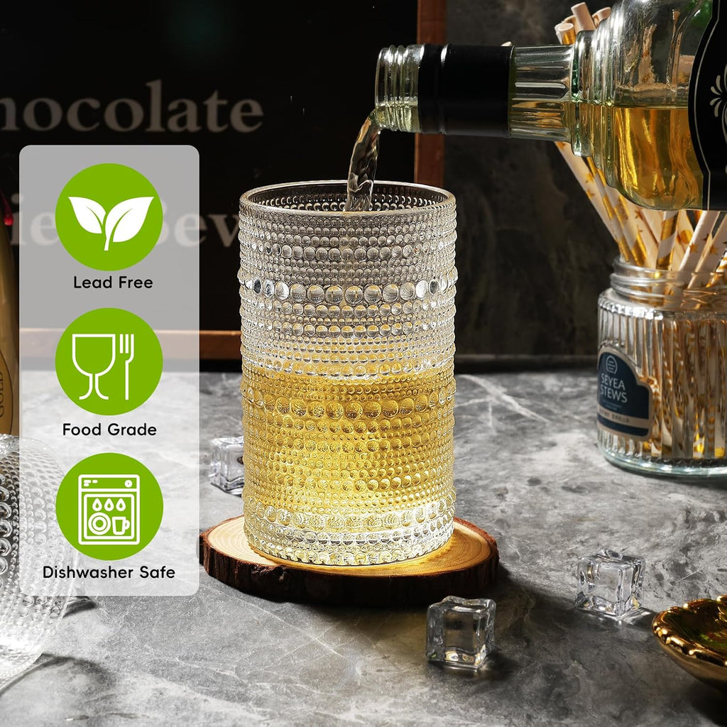 Moretoes Hobnail Drinking Glasses Set of 12 12 Oz Highball Glasses Clear Embossed Boho Water Glass Cups Kitchen Bar Tumbler Glassware Set for Whiskey  Beer  Juice  Milk and Various Mixed Drinks