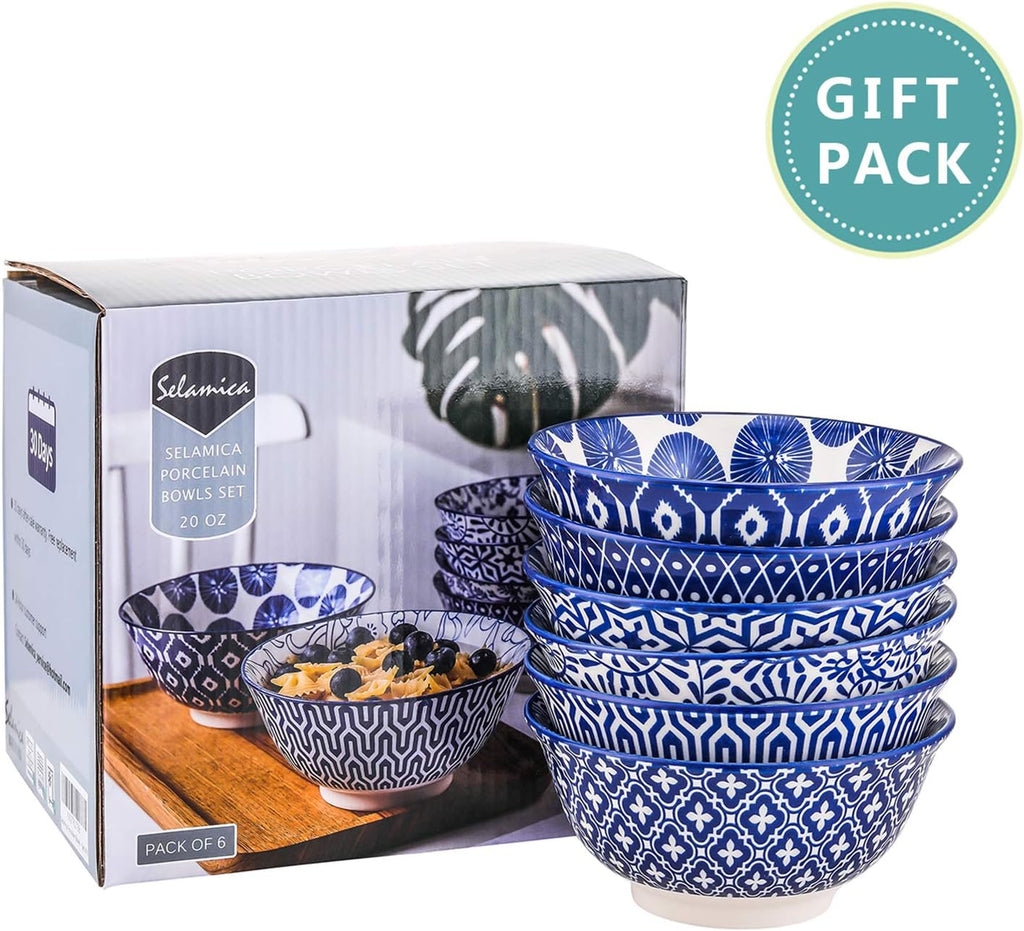Selamica Blue and White Porcelain 20oz Cereal Bowl Set - Set of 6  6 inch Soup Bowls  Ceramic bowls for Cereal  Soup  Salad and Pasta  Vintage Blue