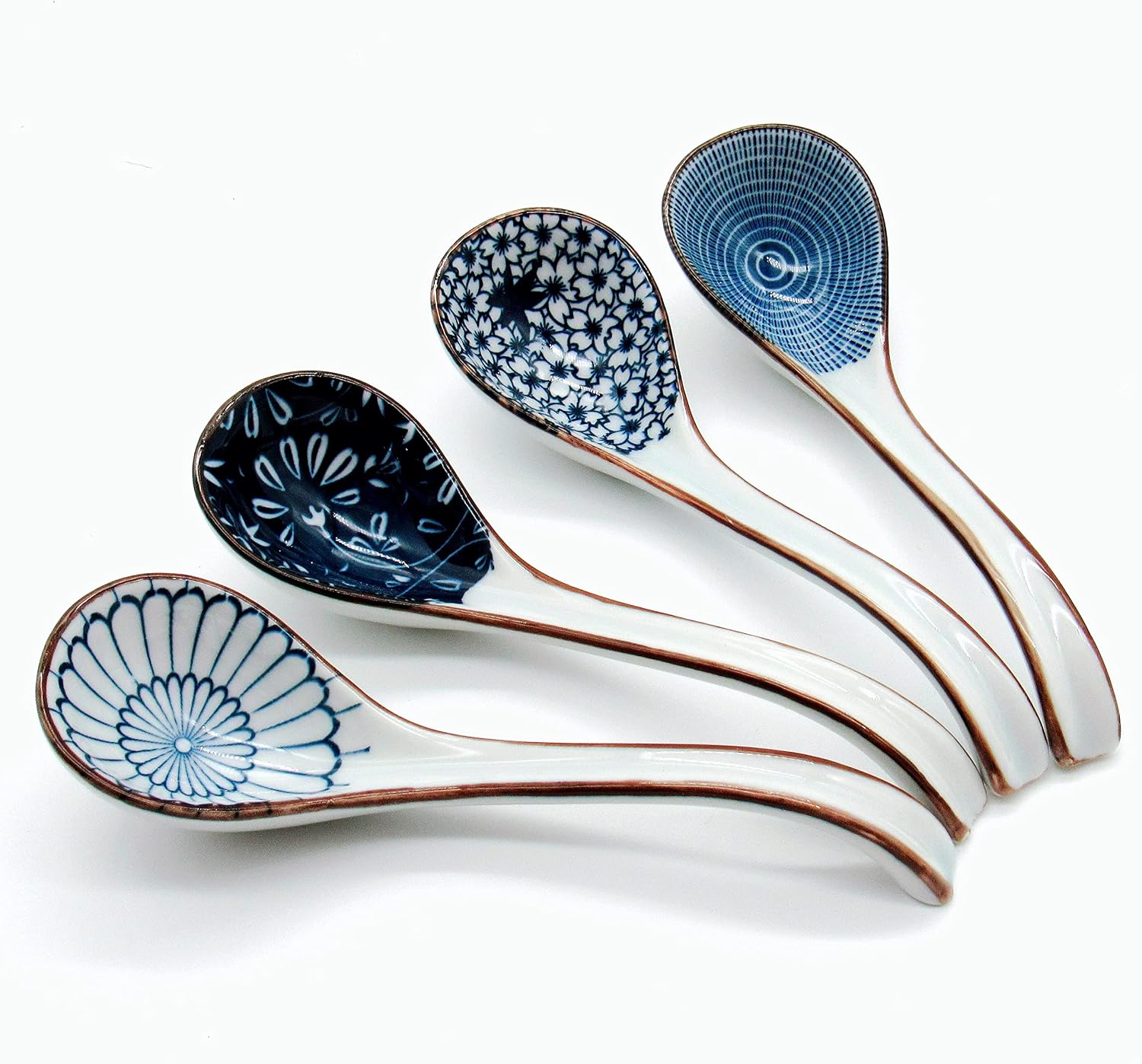 Asian Soup Spoon Ceramic Ramen Spoons Japanese Style for Pho  Miso soup  Dumpling  Noodles  Chinese Wonton Dishwasher safe - Set of 4 - Blue