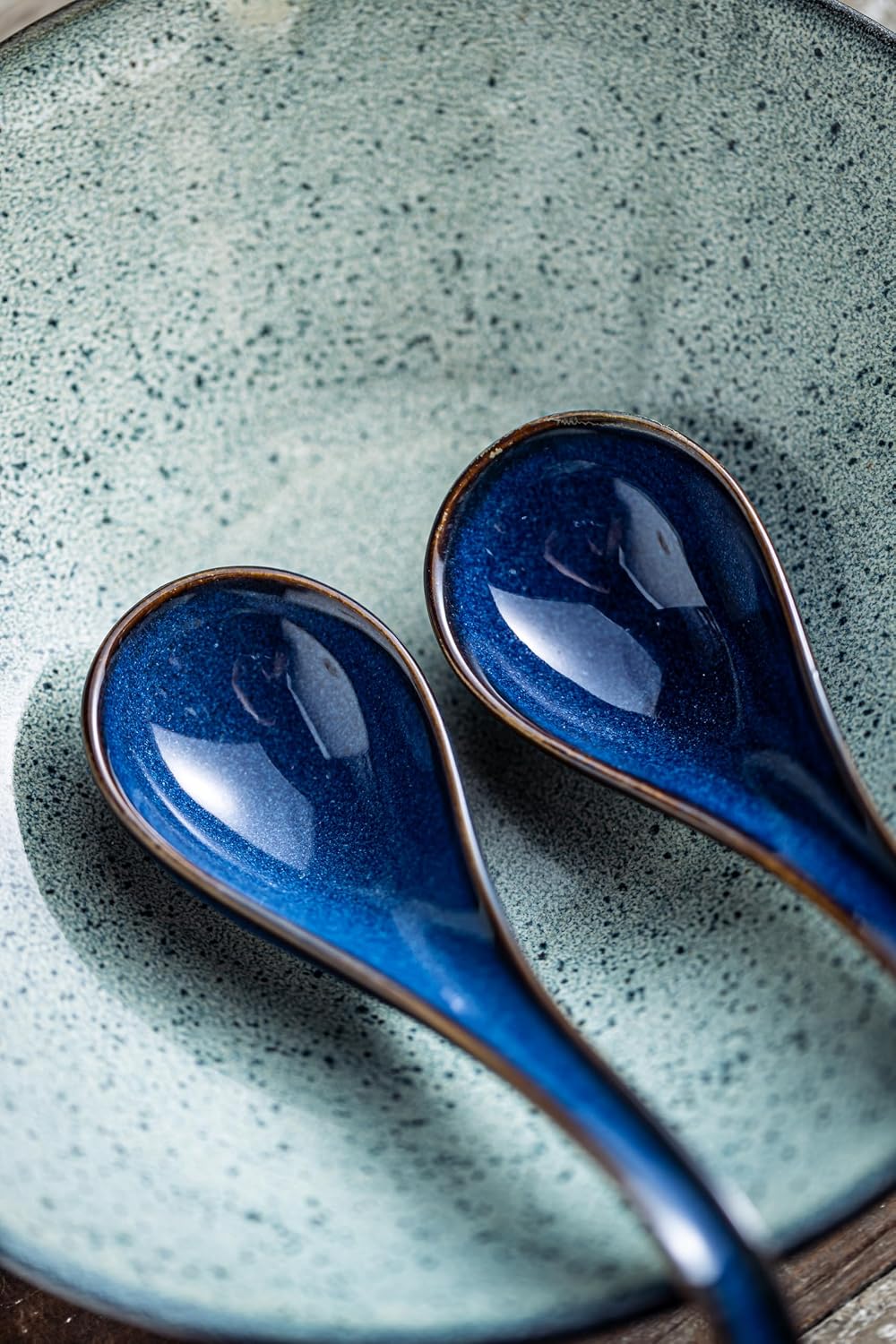 LYEOBOH Soup Spoons set of 6  Chinese Deep Soup Spoon - 6.5 inch Ceramic Korean Tablespoons for Ramen  Rice  Noodle  Asian Spoons with Deep Hook Design  Vintage Blue