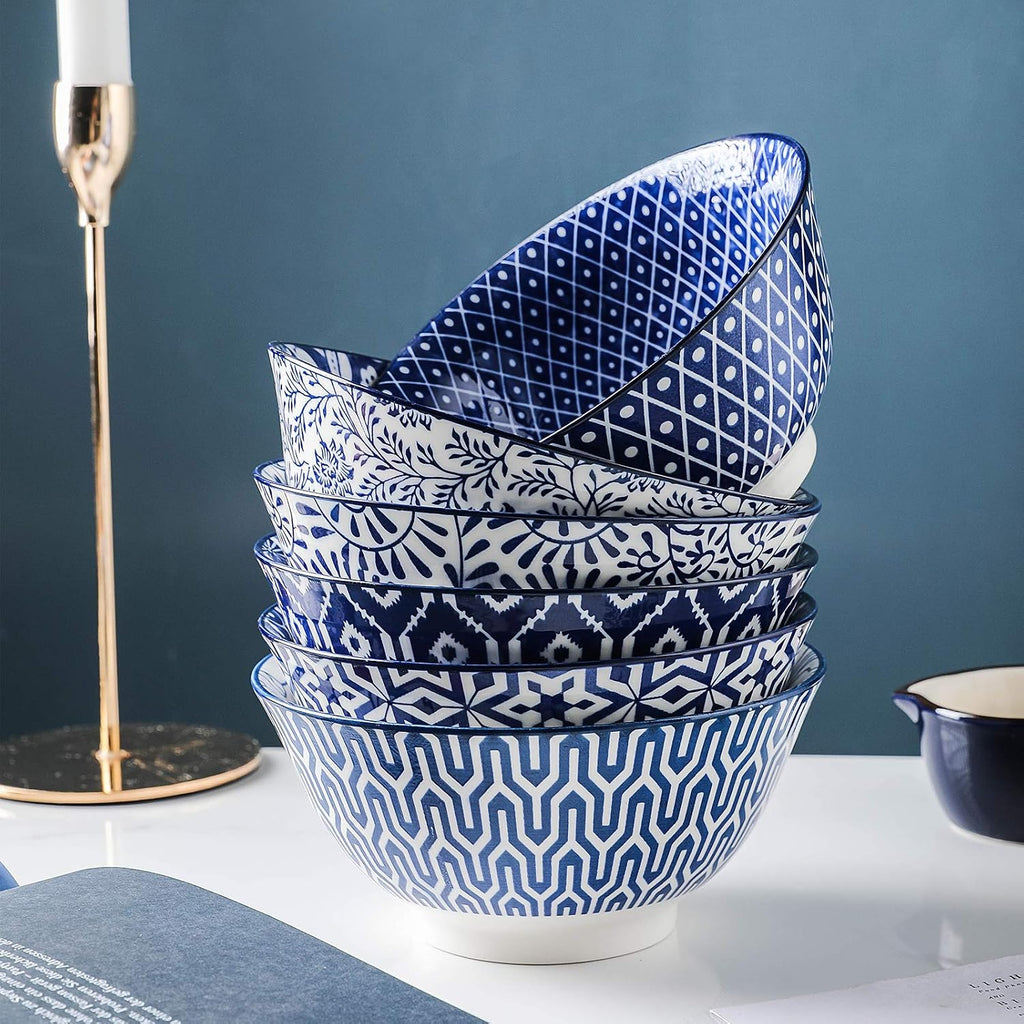 Selamica Blue and White Porcelain 20oz Cereal Bowl Set - Set of 6  6 inch Soup Bowls  Ceramic bowls for Cereal  Soup  Salad and Pasta  Vintage Blue