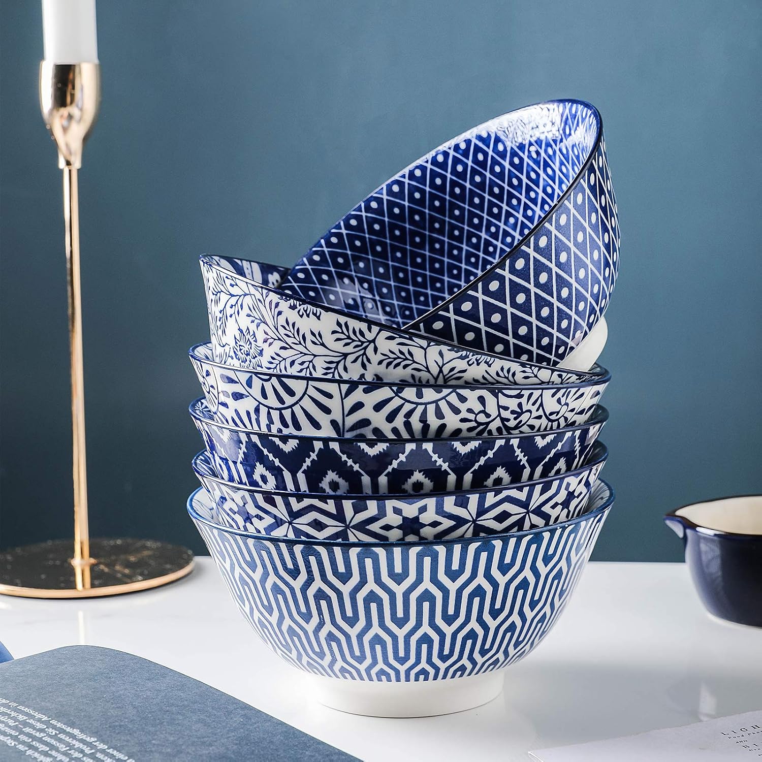 Selamica Blue and White Porcelain 20oz Cereal Bowl Set - Set of 6  6 inch Soup Bowls  Ceramic bowls for Cereal  Soup  Salad and Pasta  Vintage Blue
