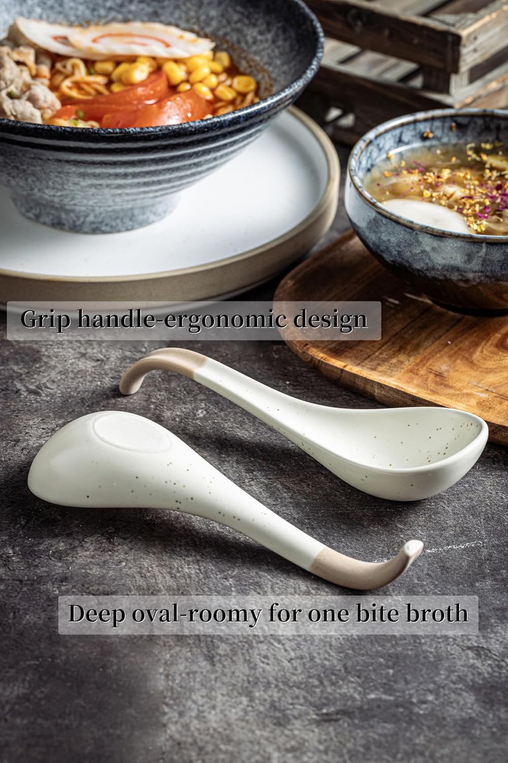 LYEOBOH 6 Pieces Asian Soup Spoons  Japanese Kitchen Soup Spoon Set  Dinner Tablespoons with Long Handle for Cereal  Ramen  Ice Cream  Dishwasher & Microwave Safe  Rustic Decor  White and Brown