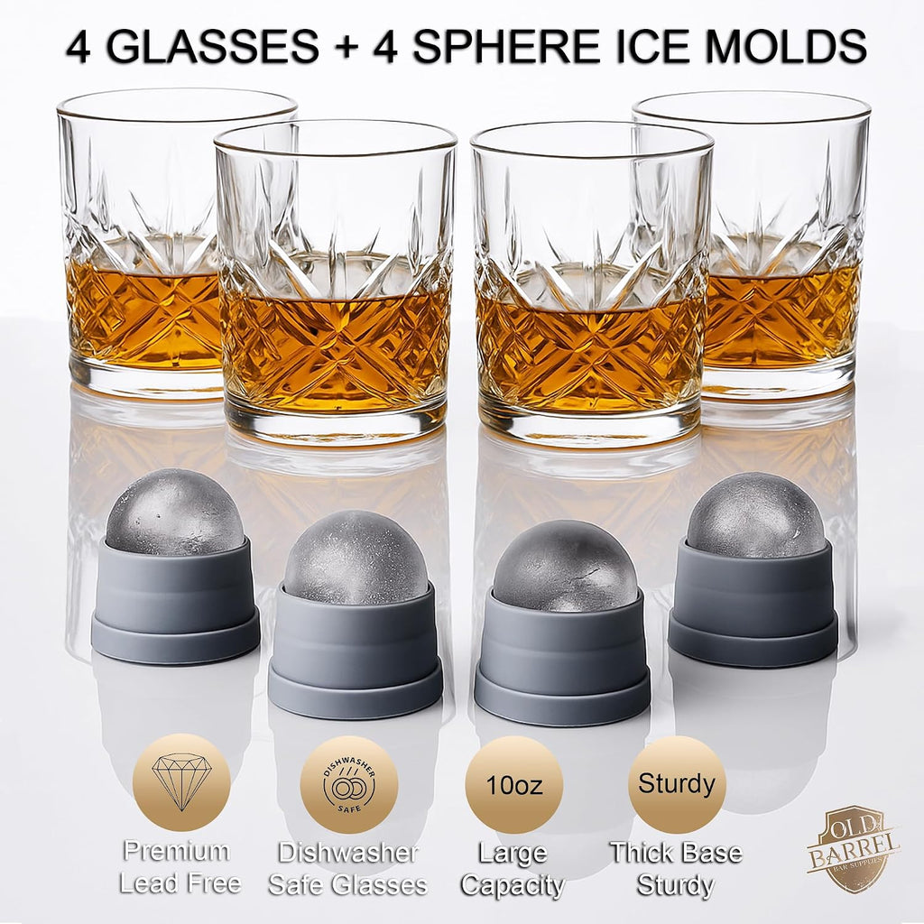 OLD BARREL Whiskey Glasses Set of 8 (4 Glasses with 4 Ice Ball Molds) 10oz Old Fashioned Crystal Glasses Gift Box – Bourbon  Scotch  Cocktail Rocks Glas – Gifts for Men  Dad  Birthday  Christmas Gift