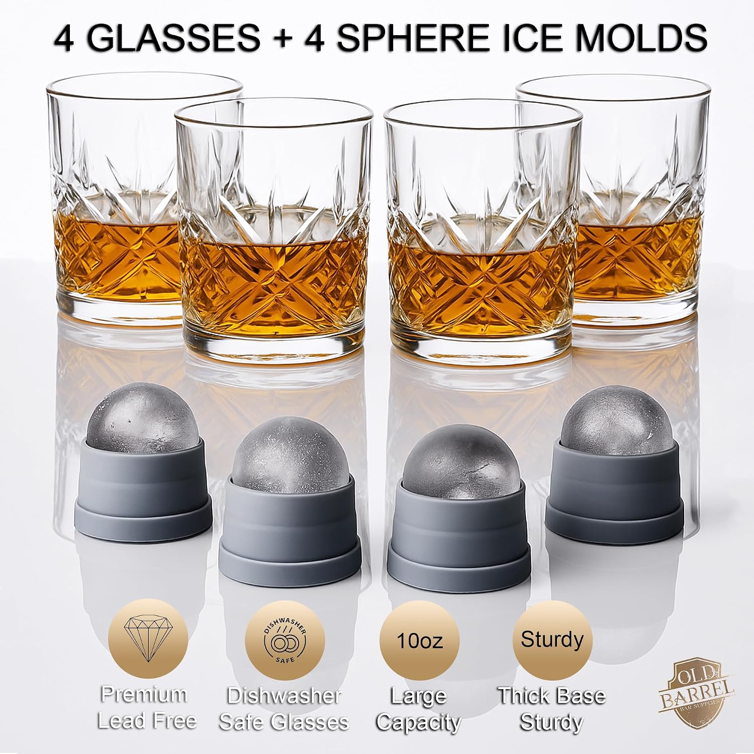 OLD BARREL Whiskey Glasses Set of 8 (4 Glasses with 4 Ice Ball Molds) 10oz Old Fashioned Crystal Glasses Gift Box – Bourbon  Scotch  Cocktail Rocks Glas – Gifts for Men  Dad  Birthday  Christmas Gift