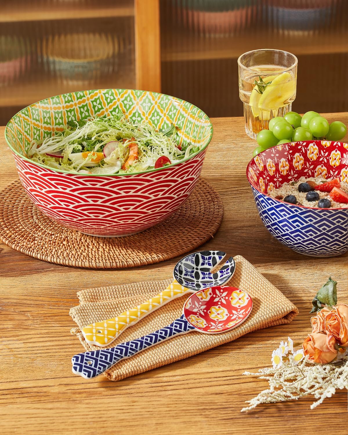 Ceramic Salad Servers  9" Salad Spoon and Fork Set  Salad Tongs for Mixing  Tossing  Cooking and Stirring  Dishwasher & Microwave Safe  Set of 2  Yellow & Blue