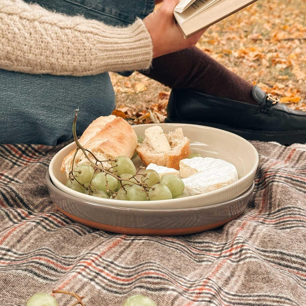 MORA Ceramic Flat Pasta Bowl Set of 4-35oz  Microwave Safe Plate with High Edge - Modern Porcelain Dinnerware for Kitchen and Eating  Large Wide Bowls/Plates for Serving Dinner  Salad  etc- Neutrals
