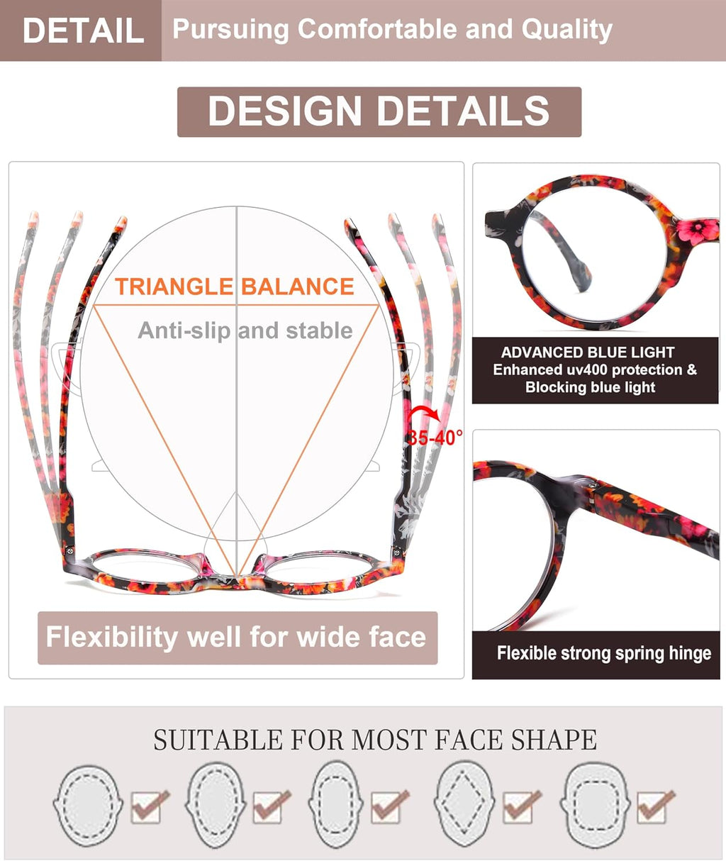Reading Glasses for Women  Floral Round Readers  Lightweight Fashion Eyewear  4 Pack for Everyday Reading