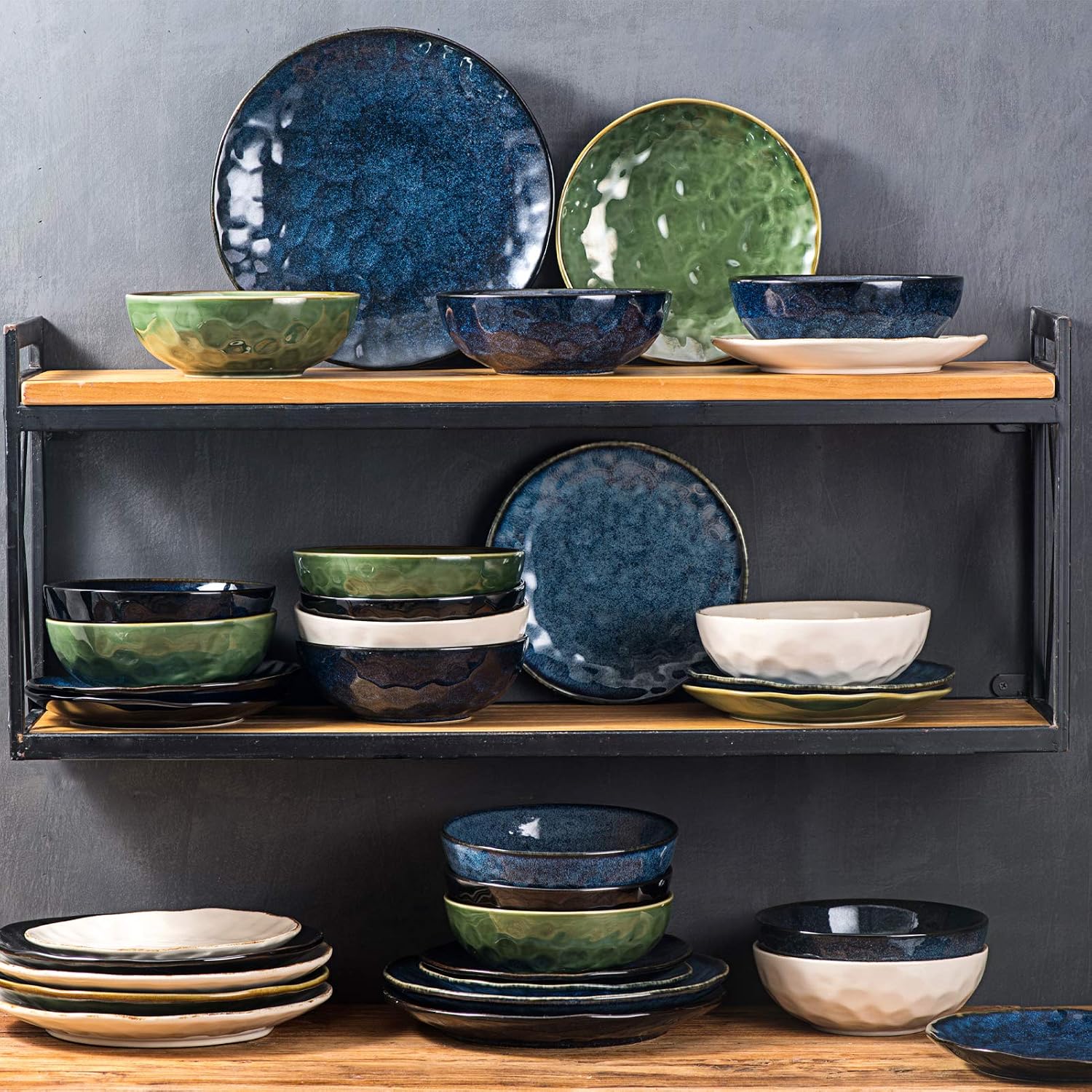 vicrays Ceramic Salad Bowls Set for Kitchen  Serving - 32 Ounce Soup Bowls  Pasta Bowls  Chip Resistant  Dishwasher Microwave Safe  Large  Fluted  stoneware  Set of 6 (Blue)
