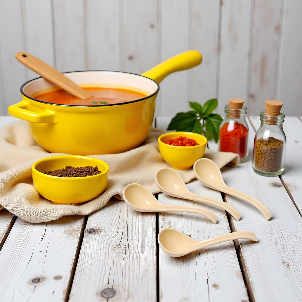 6.5 Inch Ceramic Asian Soup Spoons Easy to Hold Ramen Spoons Set of 4 Ceramic Chinese Spoon Set for Soup  Cereal  Pho  Noodles  Dumpling  Miso  Wonton  Dishwasher Safe (lemon-yellow)