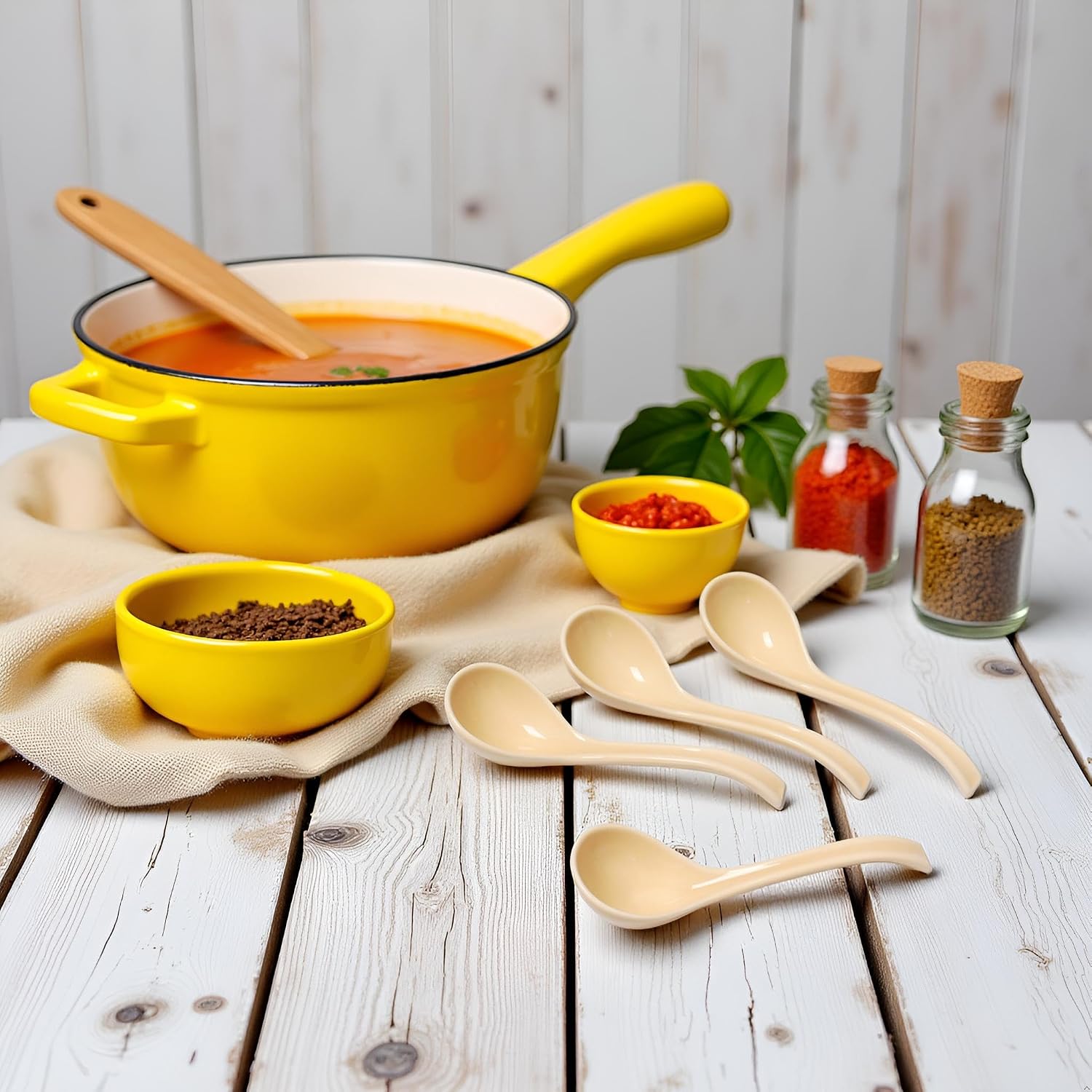 6.5 Inch Ceramic Asian Soup Spoons Easy to Hold Ramen Spoons Set of 4 Ceramic Chinese Spoon Set for Soup  Cereal  Pho  Noodles  Dumpling  Miso  Wonton  Dishwasher Safe (lemon-yellow)