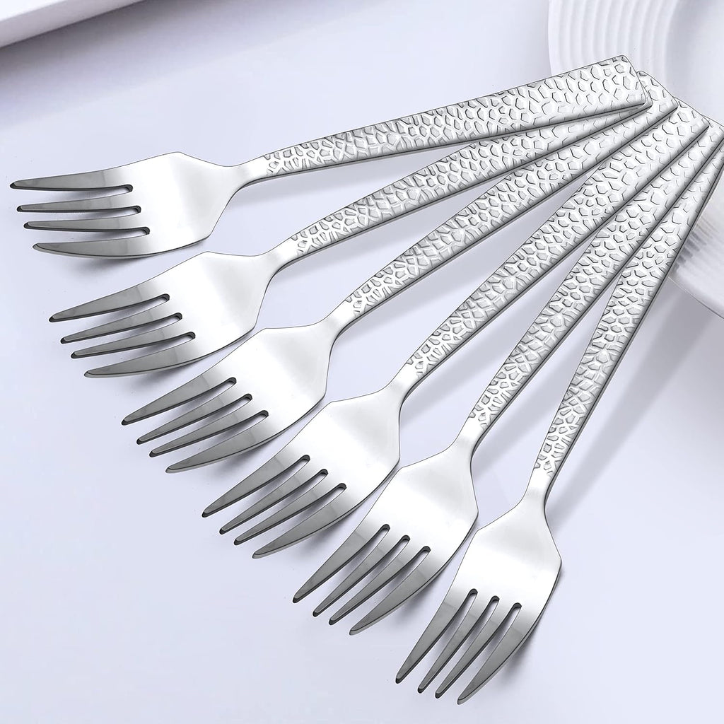 HaWare Hammered 12-Pieces Dessert Forks  Stainless Steel 6.7 Small Salad Forks  Classic Elegant Design  Mirror Polished  Dishwasher Safe