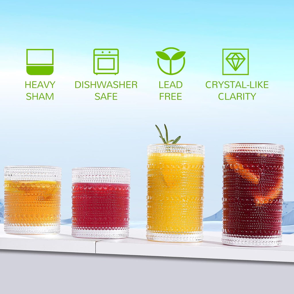 Vintage Hobnail Drinking Glasses Set of 12-14 oz Old Fashioned Water Glass Cups & 11 oz Cocktail Glasses  Aesthetic Kitchen Bar Tumbler Glassware Gifts Sets for Smoothie  Juice  Coffee  Wine