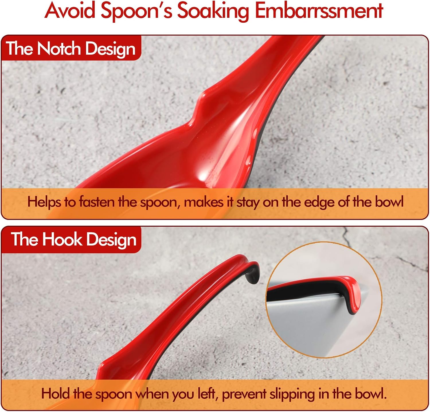 12 PACK Asian Soup Spoons  Rice Spoons  Melamine Chinese Won Ton Soup Spoon For soba  pho  ramen  Noodle  Korean Style Large Spoon with Long Handle- Notch and Hook Style  Red ＆ Black