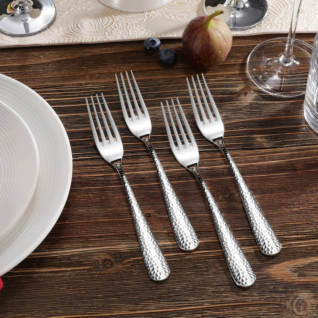 KEAWELL Premium 4-Piece Louise Hammered Fork Set  18/10 Stainless Steel  Fine Fork Set with Round Edge  Brightly-Mirror polished  Dishwasher Safe. (4  8" Dinner Forks)