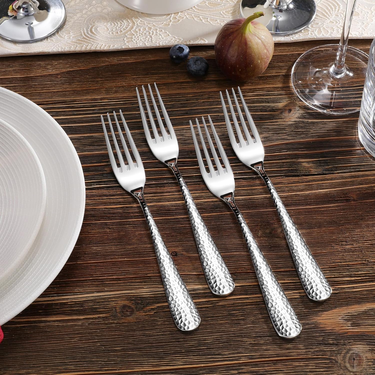 KEAWELL Premium 4-Piece Louise Hammered Fork Set  18/10 Stainless Steel  Fine Fork Set with Round Edge  Brightly-Mirror polished  Dishwasher Safe. (4  8" Dinner Forks)