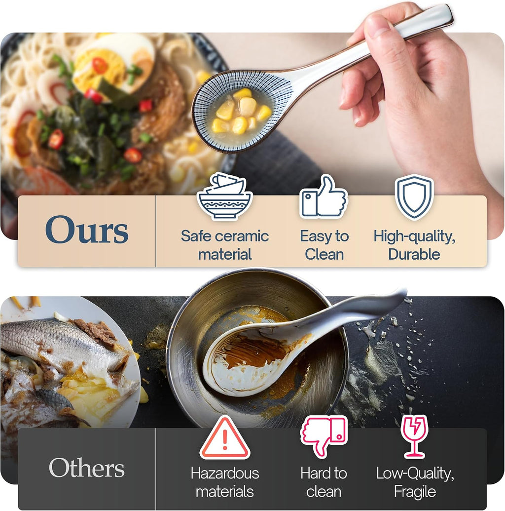 KHOI NGUYEN Asian Soup Spoon Set of 4  Ceramic Pho Spoons  Ramen Spoon  Chinese Soup Spoons  Vietnamese Gifts  Non-Slip  Dishwasher Safe for Ramen  Pho  Wonton  Miso  Dumplings  4pcs