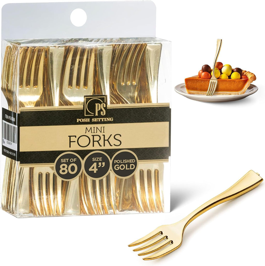 Posh Setting - Plastic Mini Forks  Gold Mini Forks  Gold Plastic Mini Dessert Forks  Disposable Tiny Gold Forks  4 inch Gold Plastic Forks  Taster Forks  Small Forks  Appetizer Forks (80 Pack)