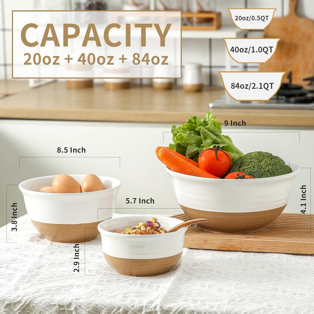 HASENSE Serving Bowls Ceramic Mixing Bowls  Large Salad Pasta Bowls Set  2.1/1.0/0.5 Qt for Entertaining  White Nesting Batter Bowls for Prepping Baking  Dishwasher Microwave Safe  Set of 3