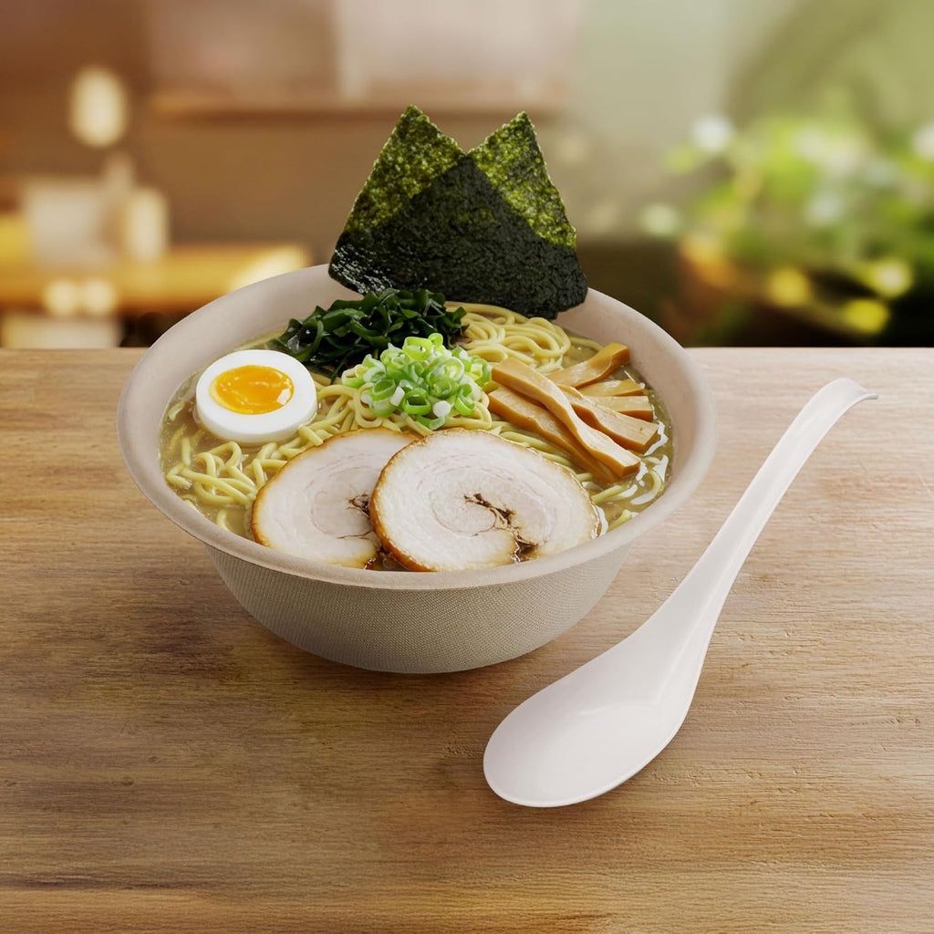 [600 COUNT] HAKOWARE Disposable Asian Soup Spoons with Hook  Plastic-Free Heavy Duty Spoons  made from Crystalized Cornstarch  for Take-out Ramen Pho Noodles
