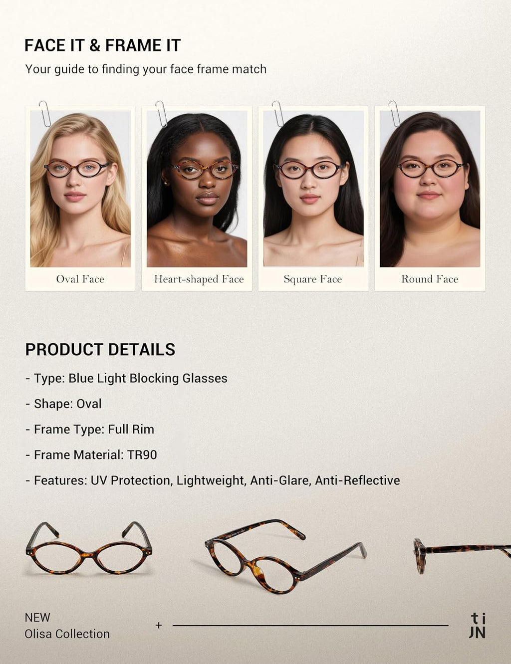 TIJN Olisa Blue Light Blocking Glasses for Women Men Oval Glasses Frame Bluelight Glasses for Gaming/Computer/Screen