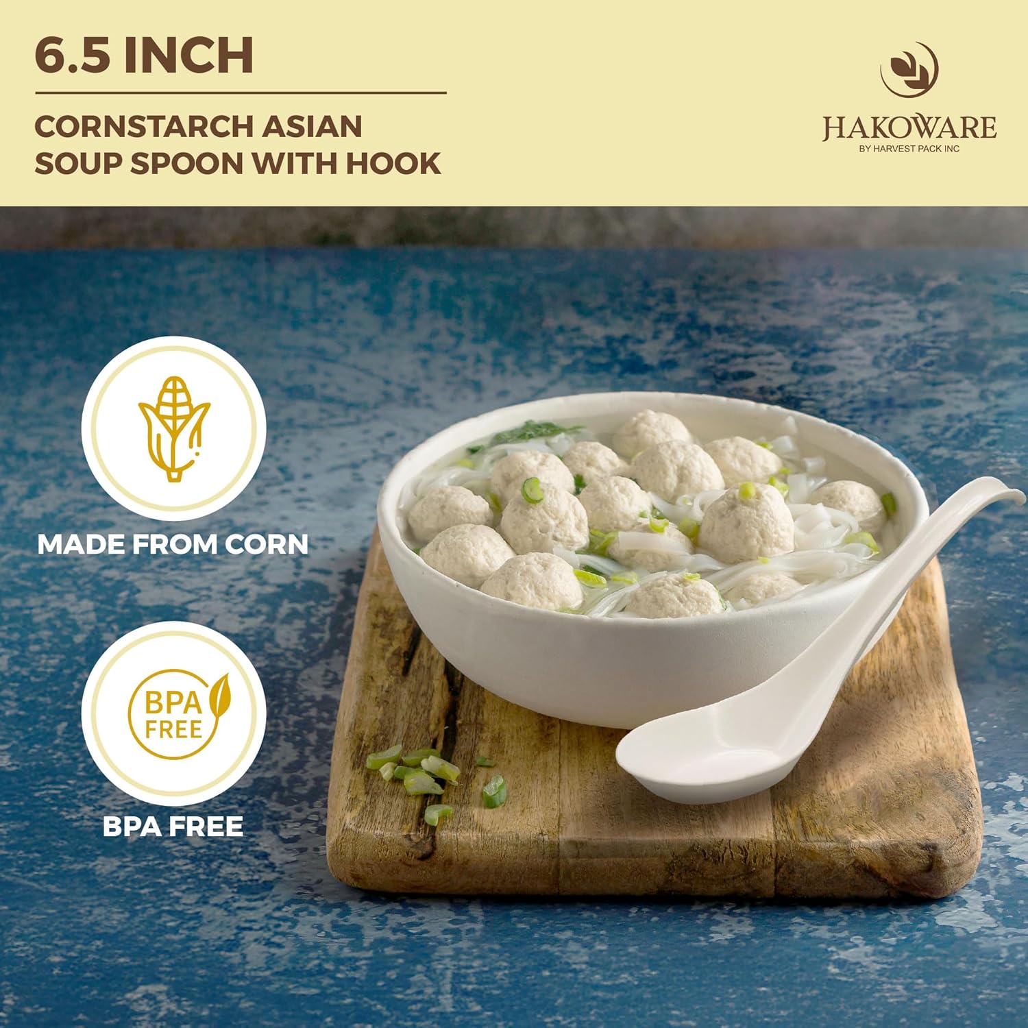 [600 COUNT] HAKOWARE Disposable Asian Soup Spoons with Hook  Plastic-Free Heavy Duty Spoons  made from Crystalized Cornstarch  for Take-out Ramen Pho Noodles