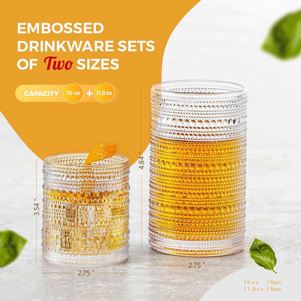 Hobnail Drinking Glasses Set of 12  11.8 oz Vintage Glasses Drinking Set & 10 oz Cocktail Glasses Set  Embossed Glass Cups for Kitchen  Beer  Juice  Cocktail  Whiskey  Milk