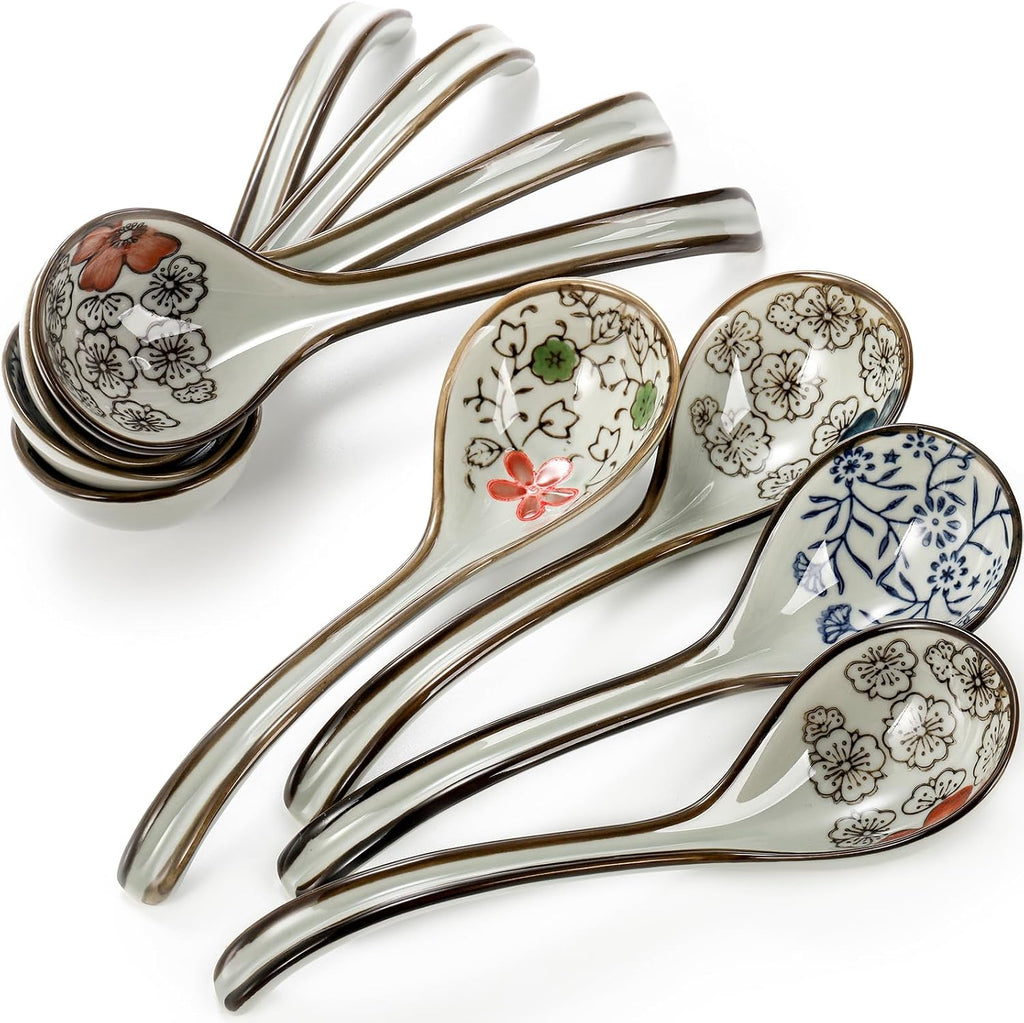 8 Pcs Asian Ceramic Soup Spoons  Japanese Ramen Spoon with Long Curved Handle  Chinese Soup Spoon  Porcelain Tablespoon  Kitchen Serving Spoon for Miso  Noodles  Cereal  Wonton  Dumpling Rice