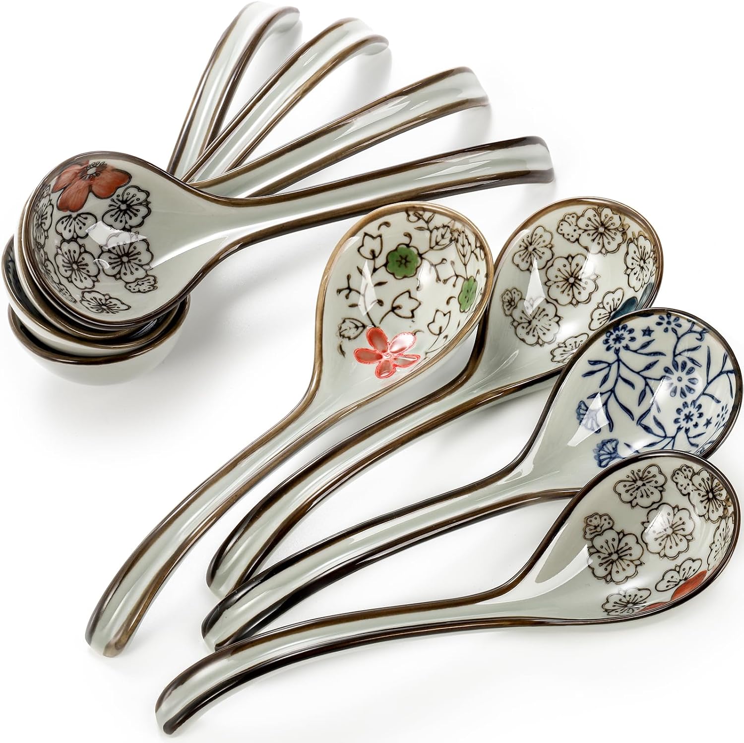 8 Pcs Asian Ceramic Soup Spoons  Japanese Ramen Spoon with Long Curved Handle  Chinese Soup Spoon  Porcelain Tablespoon  Kitchen Serving Spoon for Miso  Noodles  Cereal  Wonton  Dumpling Rice