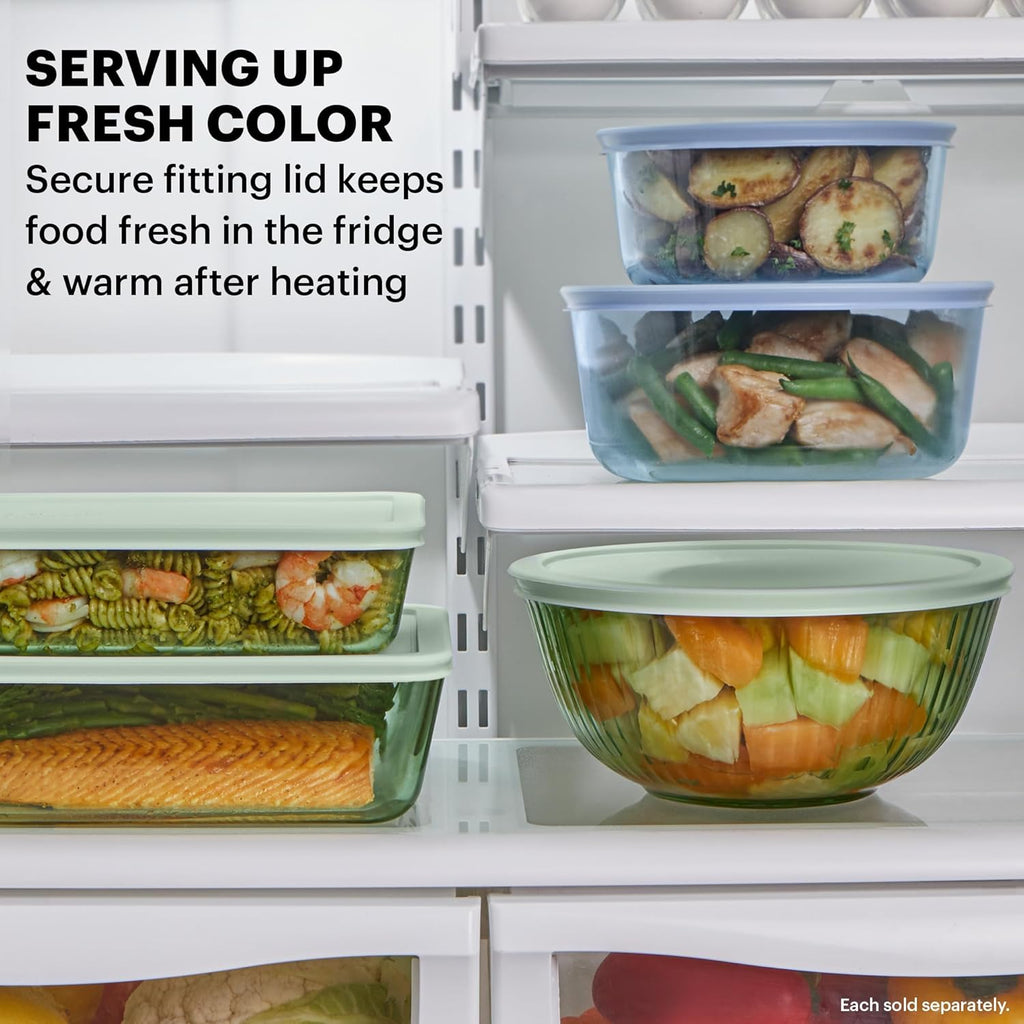 Pyrex Colors Tinted (3-Pack  Full Set) Sculpted Tinted Glass Mixing Bowls With Lids  Nesting Space Saving Set of Bowls For Prepping and Baking  1.3QT  2.3QT & 4.5Q