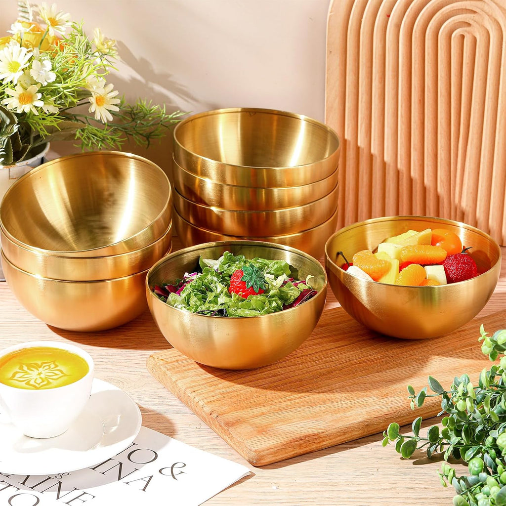 Nuogo 10 Pcs Gold Bowls 5.9 Inch Stainless Steel Mixing Bowls Decorative Esthetician Bowl for Facial Metal Serving Bowl for Holiday Birthday Party Wedding Baking Prepping Salad Fruit Soup