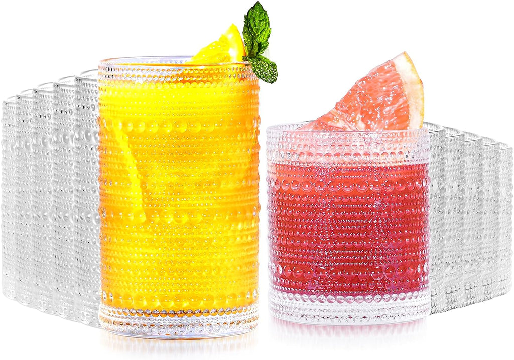 Vintage Hobnail Drinking Glasses Set of 12-14 oz Old Fashioned Water Glass Cups & 11 oz Cocktail Glasses  Aesthetic Kitchen Bar Tumbler Glassware Gifts Sets for Smoothie  Juice  Coffee  Wine