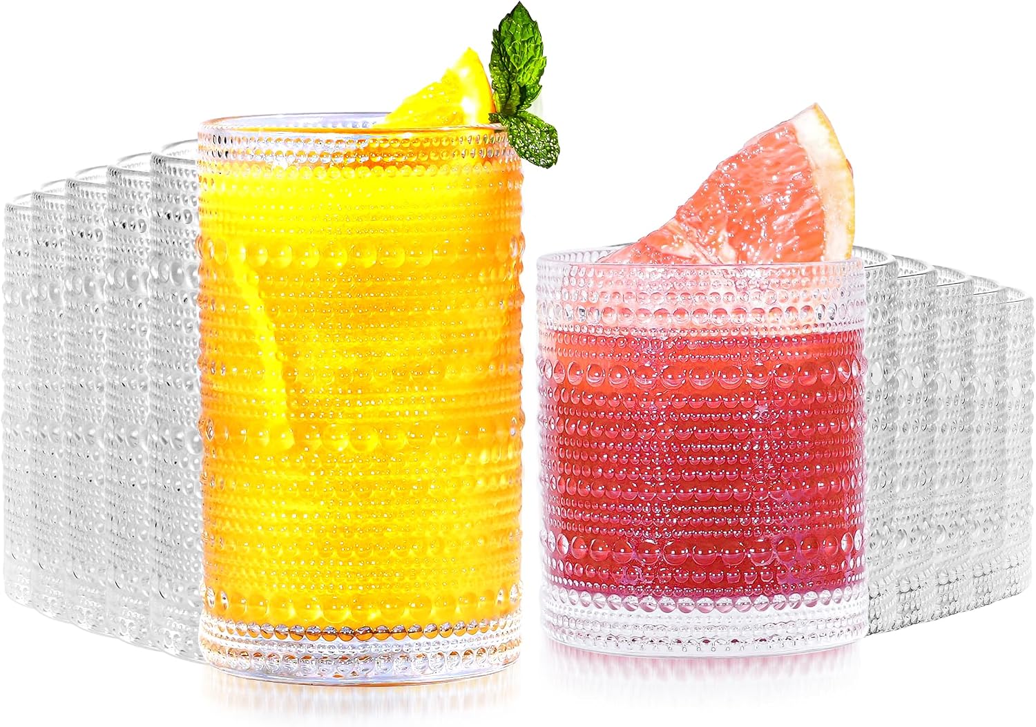 Vintage Hobnail Drinking Glasses Set of 12-14 oz Old Fashioned Water Glass Cups & 11 oz Cocktail Glasses  Aesthetic Kitchen Bar Tumbler Glassware Gifts Sets for Smoothie  Juice  Coffee  Wine