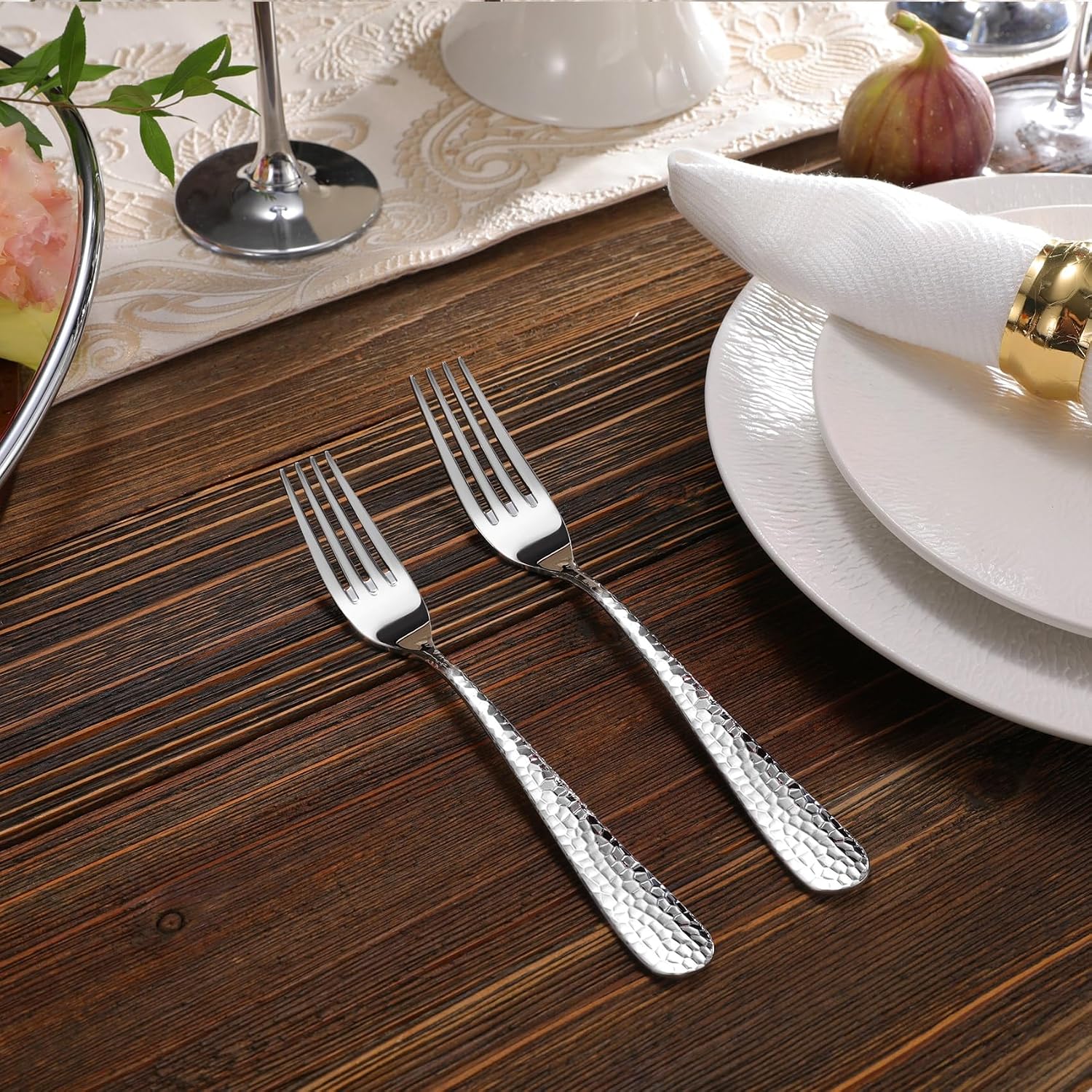 KEAWELL Premium 4-Piece Louise Hammered Fork Set  18/10 Stainless Steel  Fine Fork Set with Round Edge  Brightly-Mirror polished  Dishwasher Safe. (4  8" Dinner Forks)