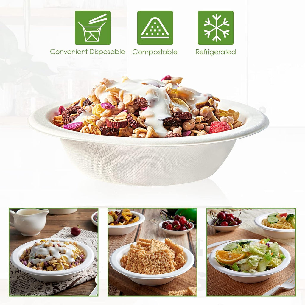 Vplus 200 Pack 16 OZ Paper Bowls  Disposable Compostable Bulk  Eco-friendly Bagasse  Heavy-duty Bowls Perfect for Milk Cereals  Snacks  Salads