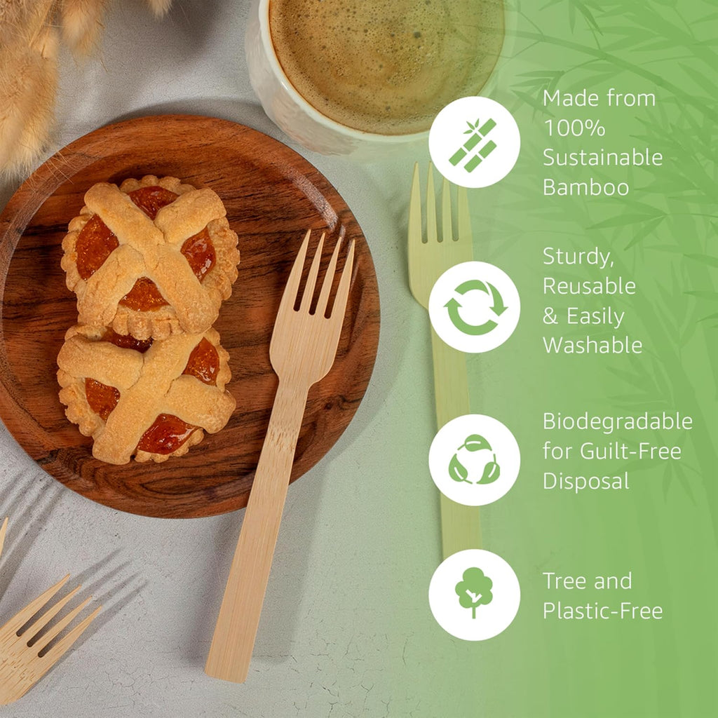 100% Bamboo Forks Set - High End Disposable Cutlery (100 Biodegradable Forks) | Reusable or Disposable Bamboo Utensils | Compostable FSC Certified Flatware for Weddings  Camping  Parties