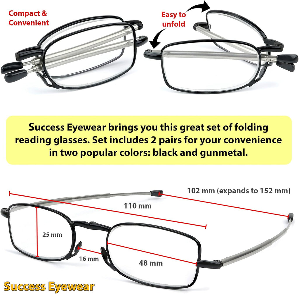 Success Eyewear Reading Glasses 2 Pair Black and Gunmetal Readers Compact Folding Unisex Glasses for Reading Case Included