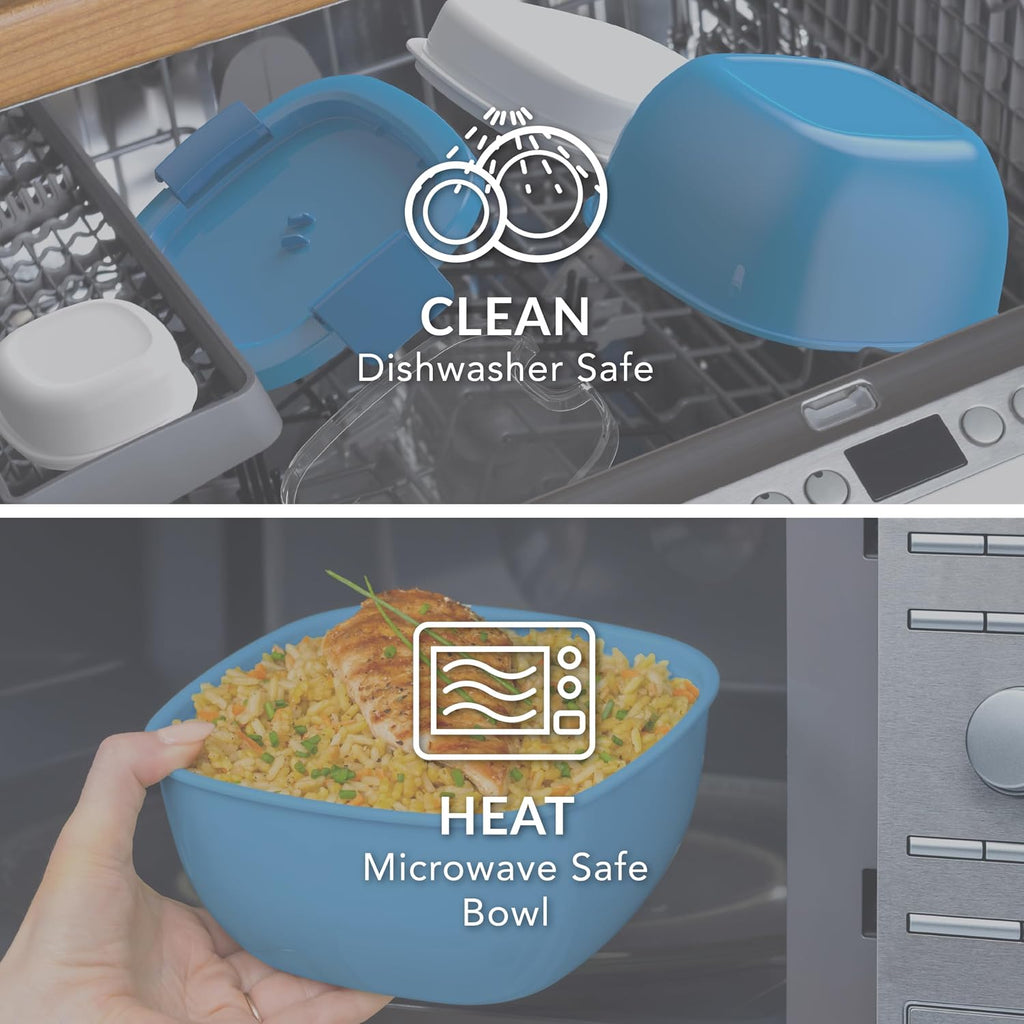 Bentgo Salad Container - 54 oz Bowl with 4-Compartment Toppings Tray  Leak-Proof Dressing Container  Reusable Fork  BPA-Free Lunch Box for Meal Prep & Food Storage; Removable Bento Tray (Blue)